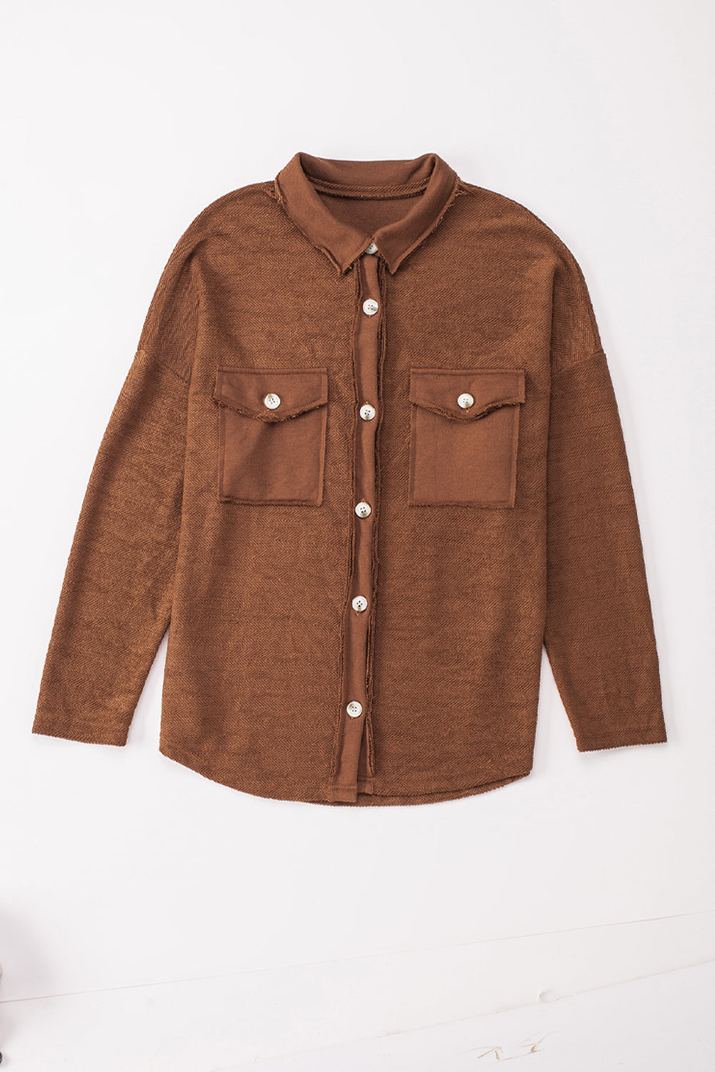 Solid Color Textured Button Up Shacket with Pockets