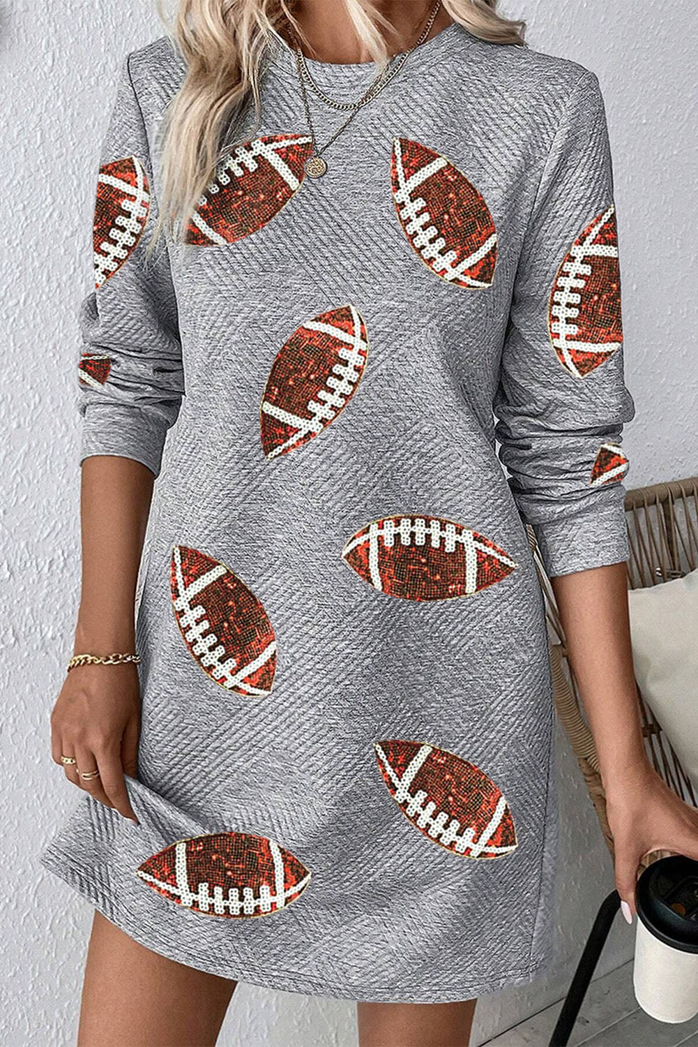 Sequin Rugby Graphic Round Neck Textured Mini Dress