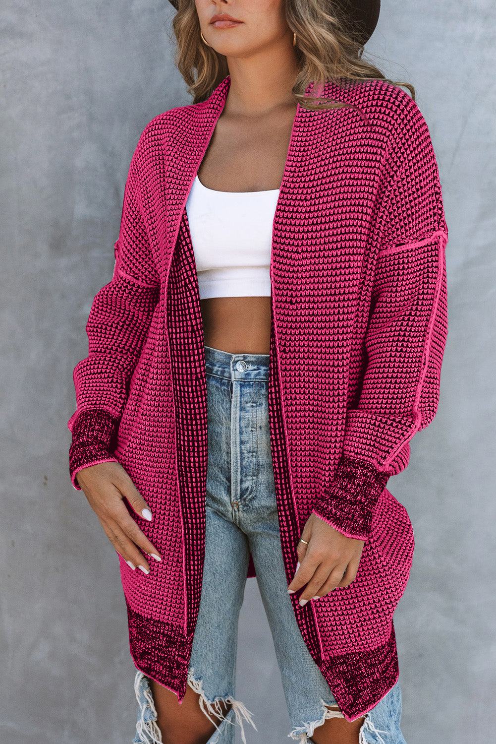 Plaid Casual Contrast Trim Knit Cardigan