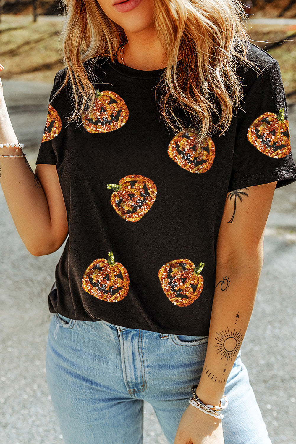 Halloween Sequin Pumpkin Face Graphic T Shirt