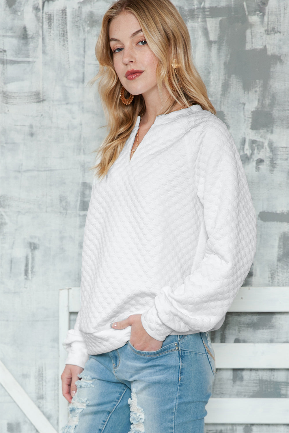 Quilted V-Neck Solid Color Long Sleeve Top