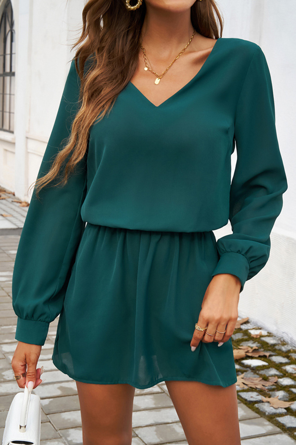 Long Sleeve V Neck Bubble Sleeve Dress