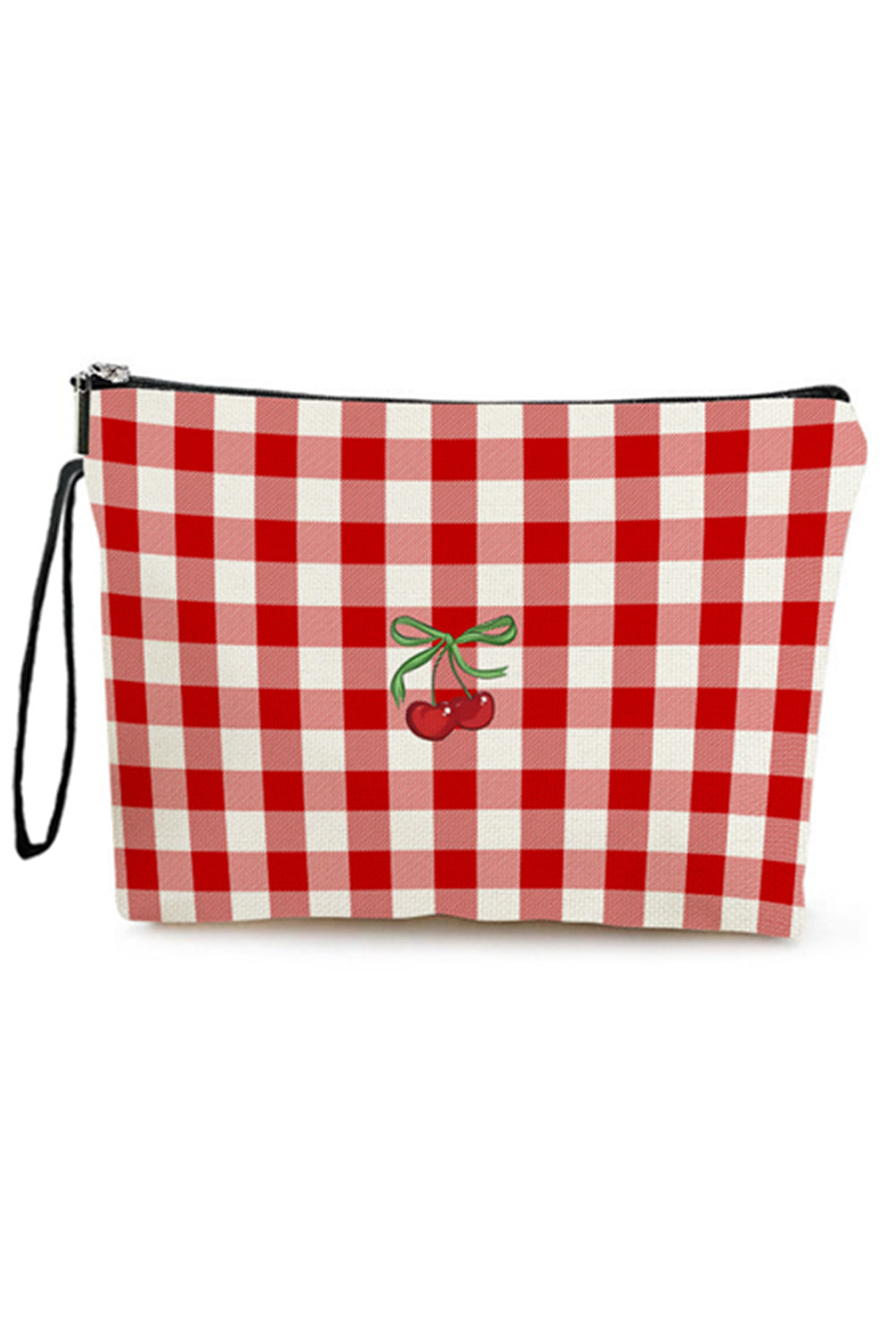 Fiery Red Cherry Plaid Print Wristlet Zipper Canvas Makeup Bag