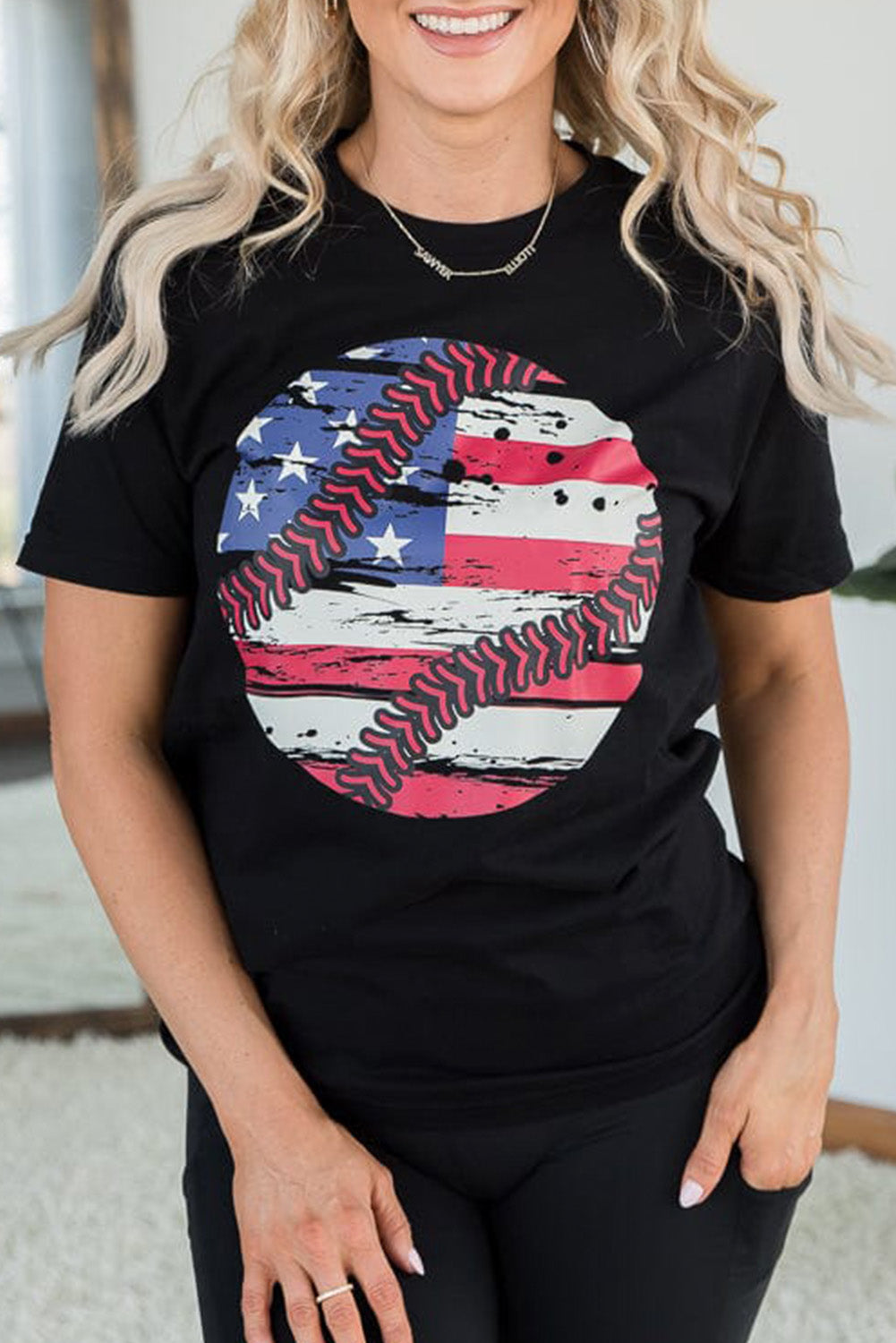 Black American Flag Baseball Graphic Crew Neck Tee