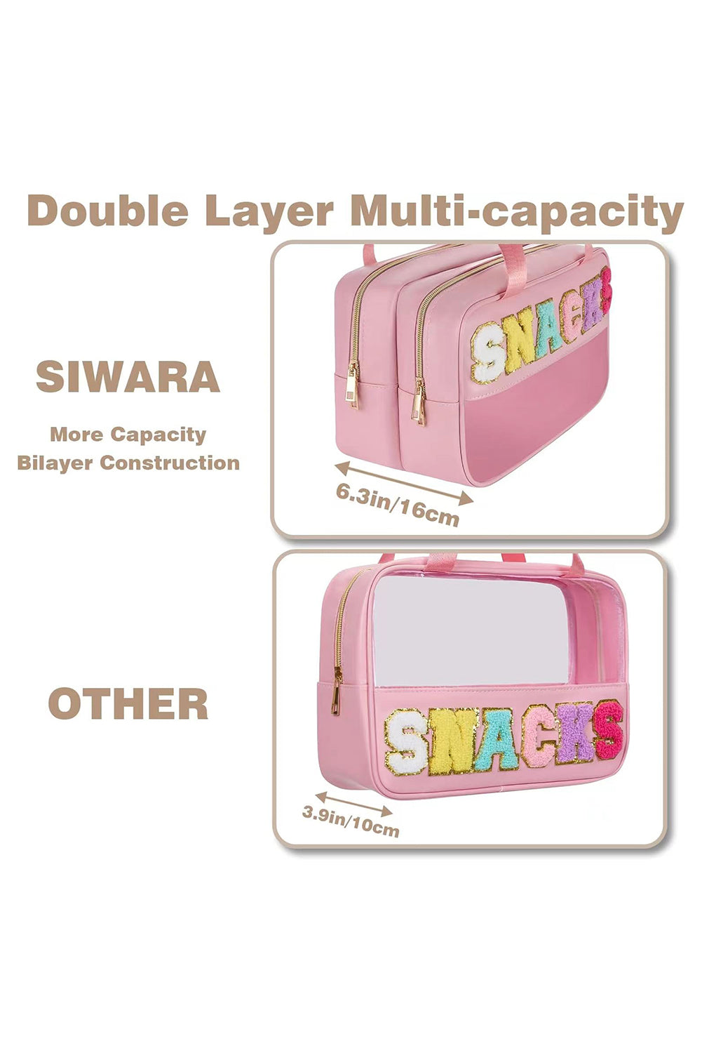 Pink SNACKS Clear PVC Double Layered Portable Makeup Bag