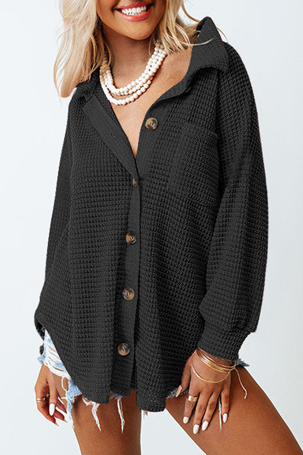 Plus Size Chest Pocket Waffle Knit Shirt