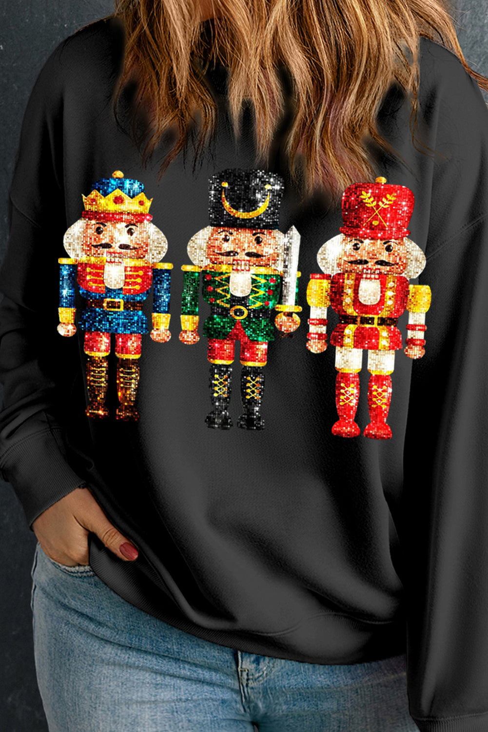 Black Sequin Nutcracker Crewneck  Plus Size Sweatshirt