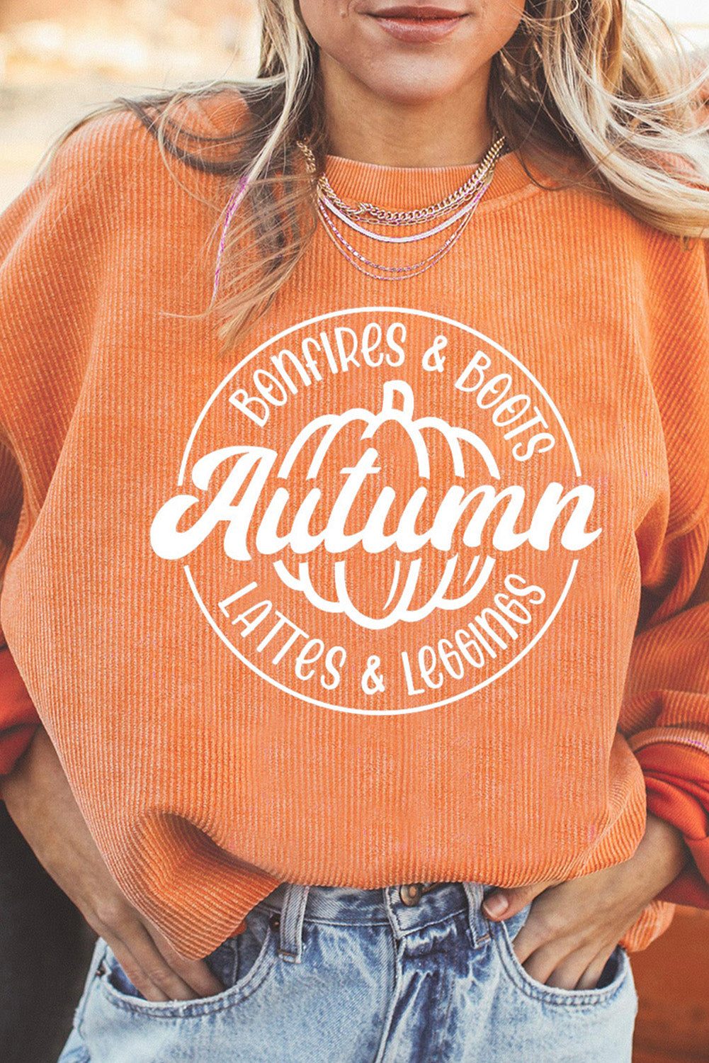 Pumpkin Graphic Print Corded Oversized Sweatshirt