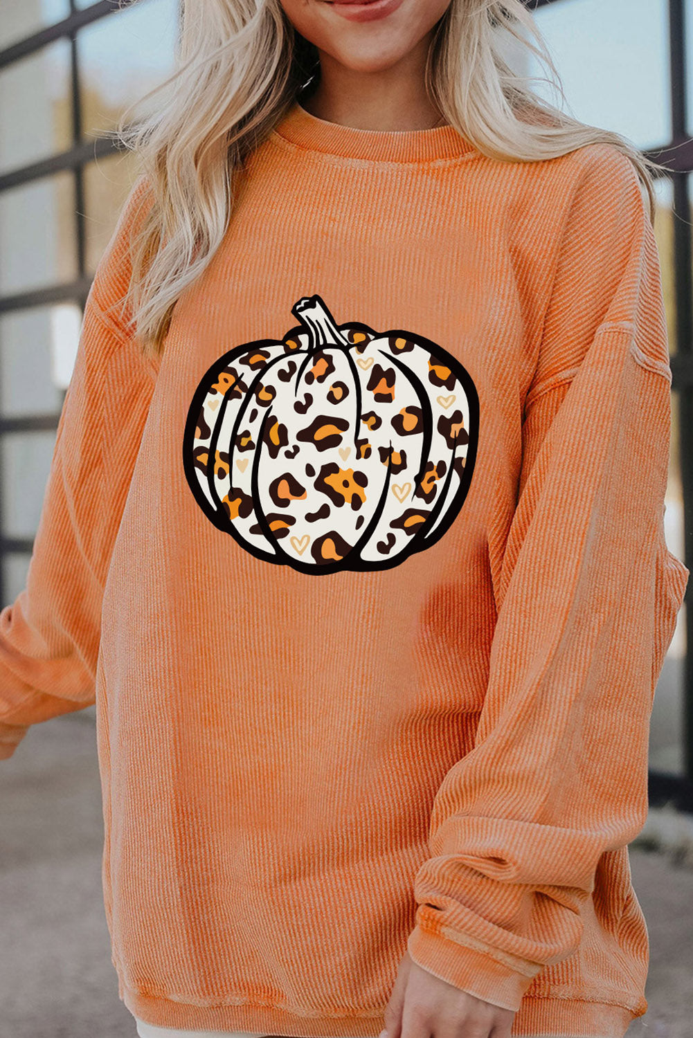 Leopard Pumpkin Graphic Corded Sweatshirt