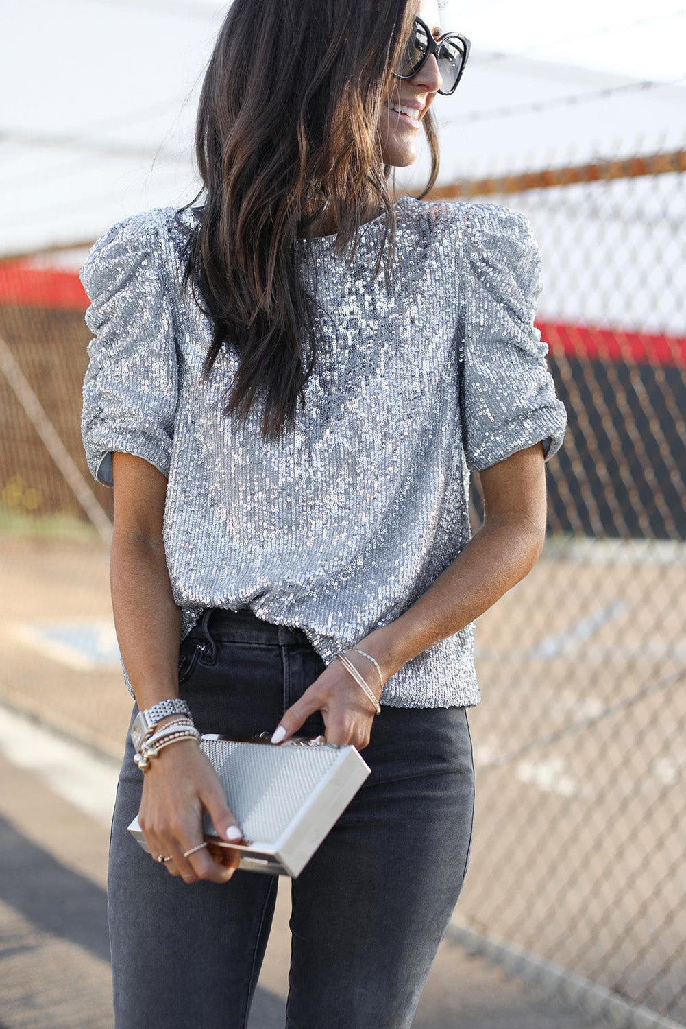 Silvery Ruched Puff Sleeve Sequins Short Sleeve Blouse