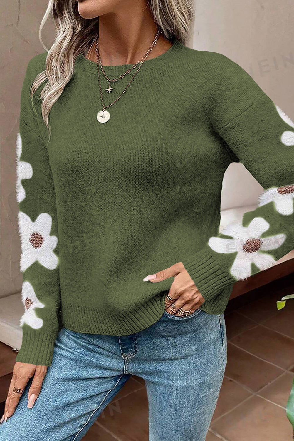 Flower Sleeve Drop Shoulder Sweater