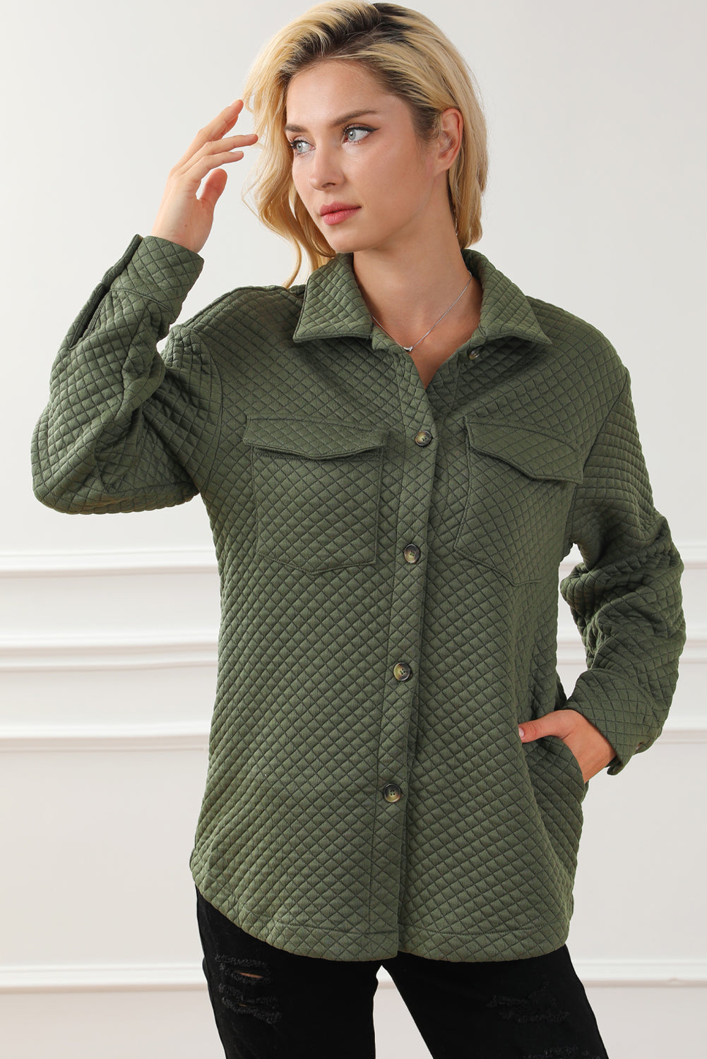 Retro Quilted Flap Pocket Button Shacket