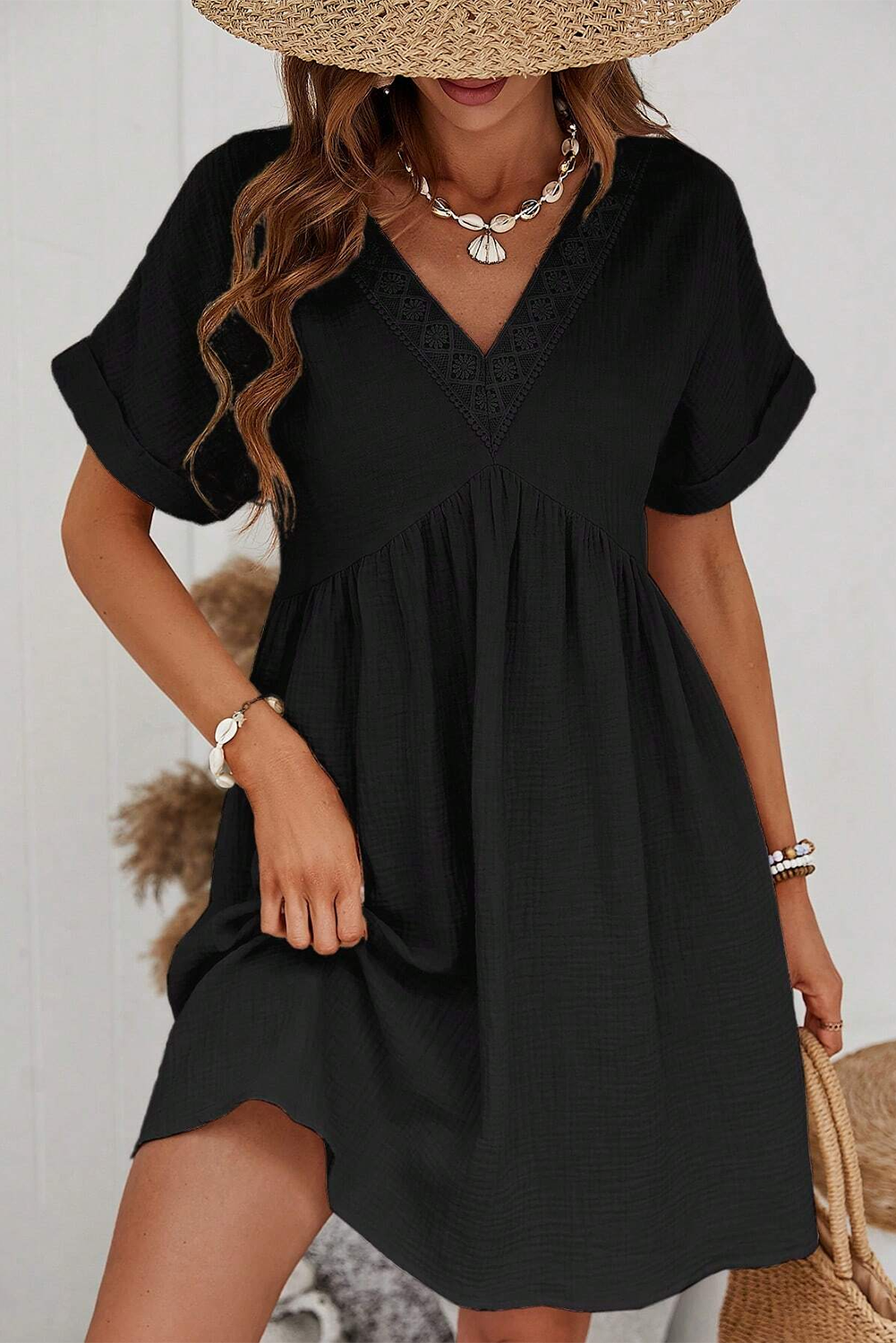 Folded Short Sleeve Lace V Neck Mini Dress