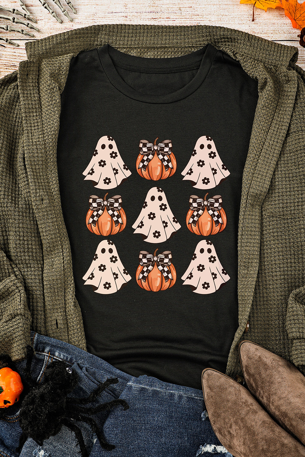 Halloween Ghost Pumpkin Graphic Crew Neck T Shirt