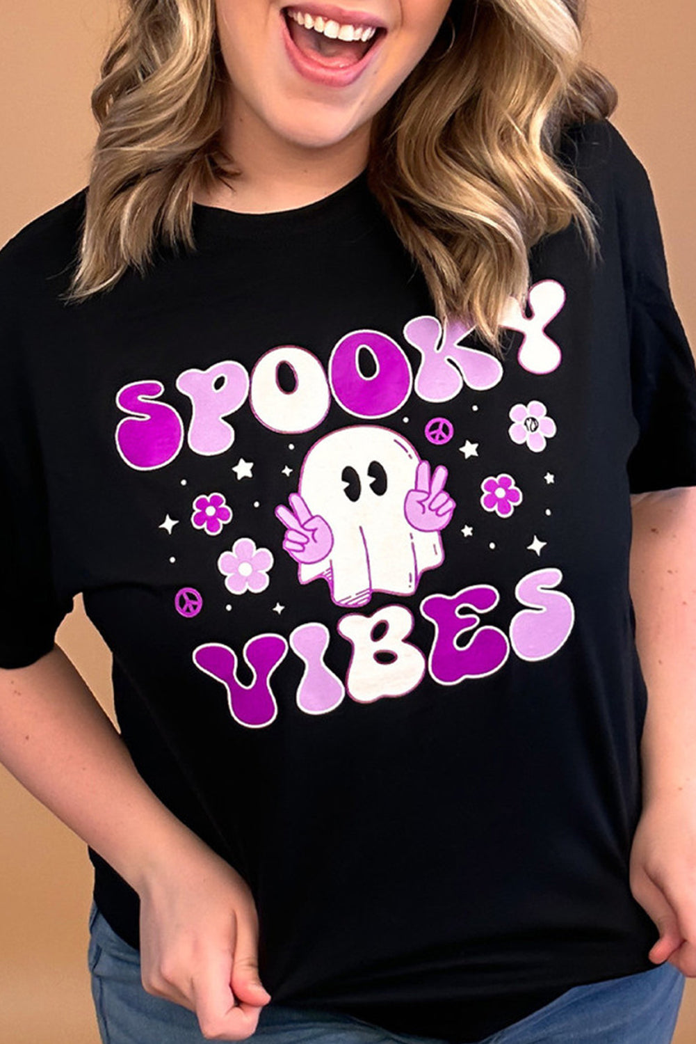 SPOOKY VIBES Ghost Flower Graphic Crew Neck T Shirt