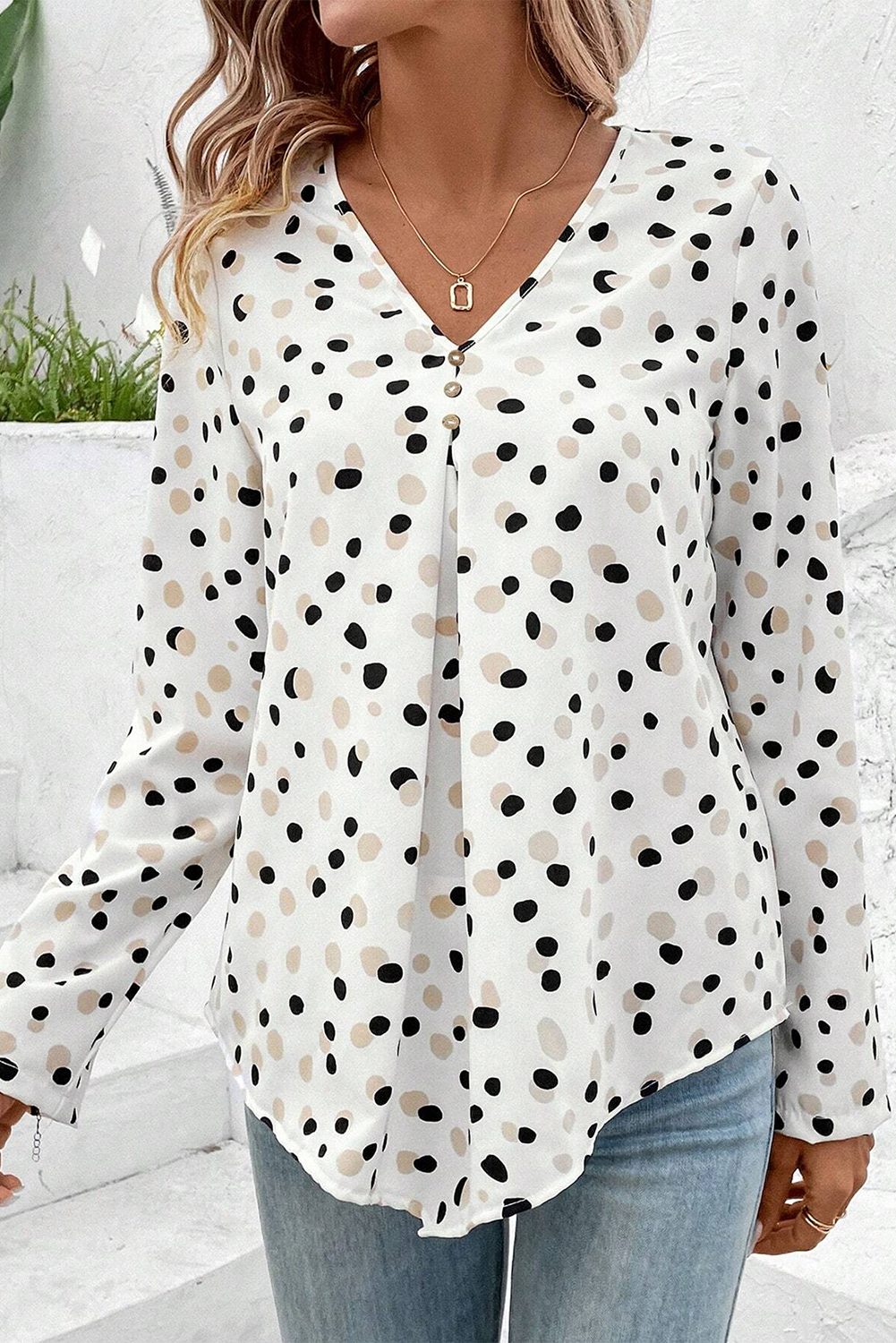 Dotted Print Button Front V Neck Blouse