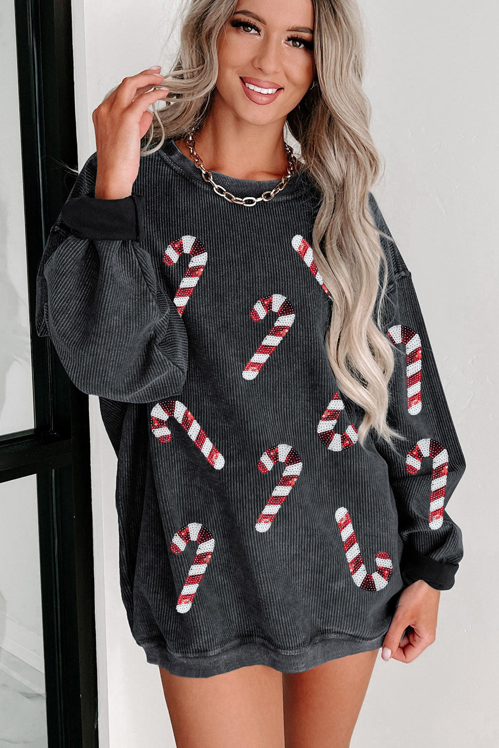 Khaki Xmas Candy Cane Shining Graphic Corded Sweatshirt