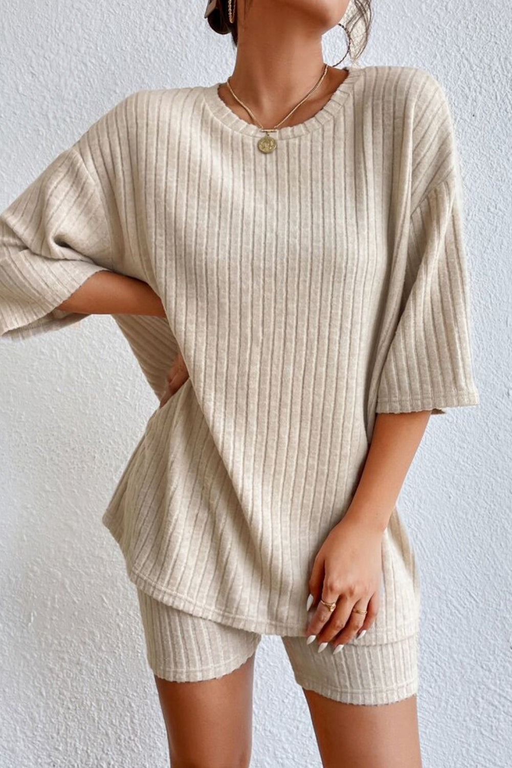 Khaki Ribbed Knit V Neck Slouchy Two-piece Outfit