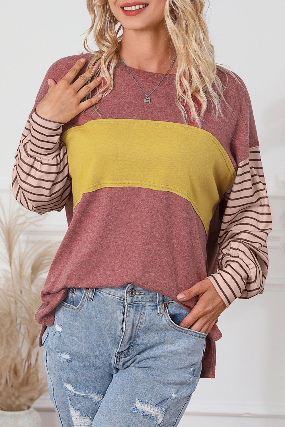 Light French Beige Colorblock Striped Bishop Sleeve Top