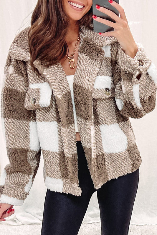 Plaid Buttoned Collared Sherpa Jacket