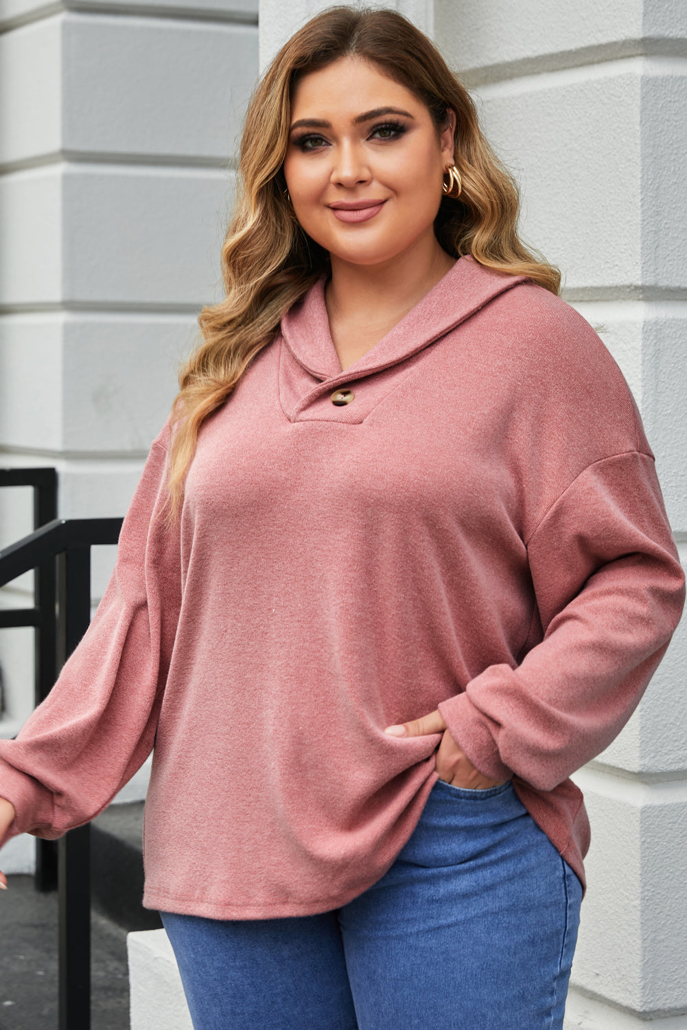 Pink Plus Size Long Sleeve V-Neck Buttoned Top