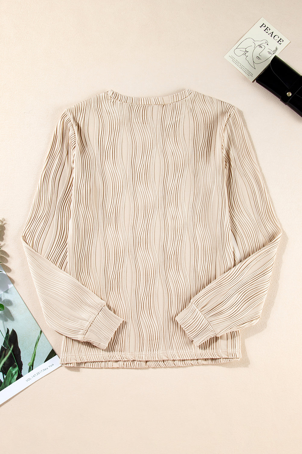 Wavy Textured Solid Color Drop Shoulder Pullover Top