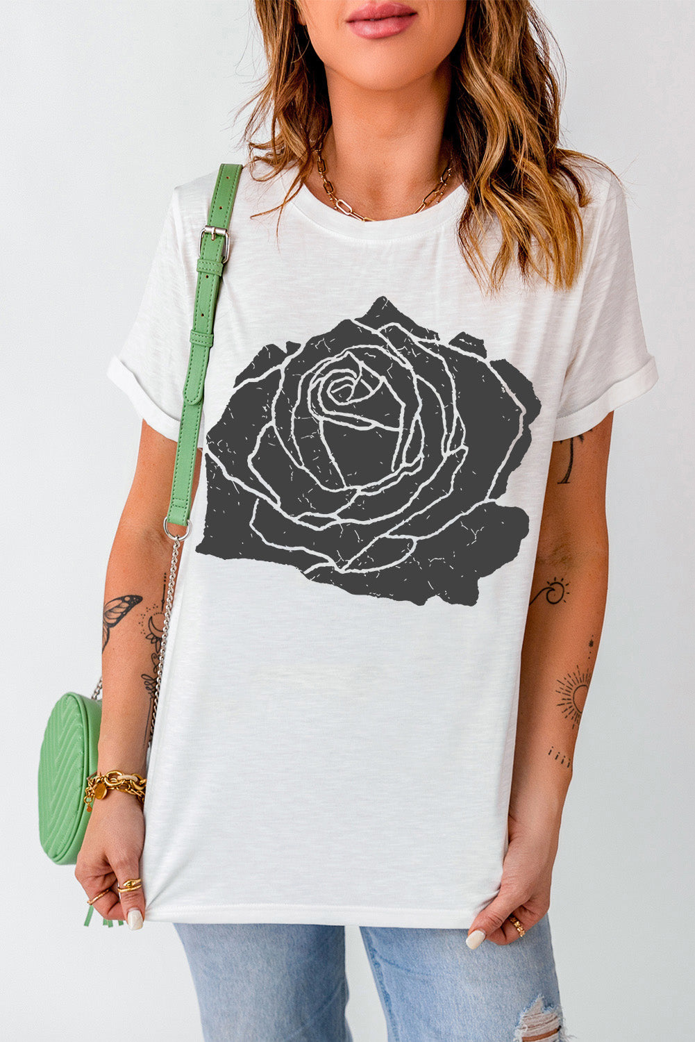 Large Rose Graphic Crew Neck T Shirt