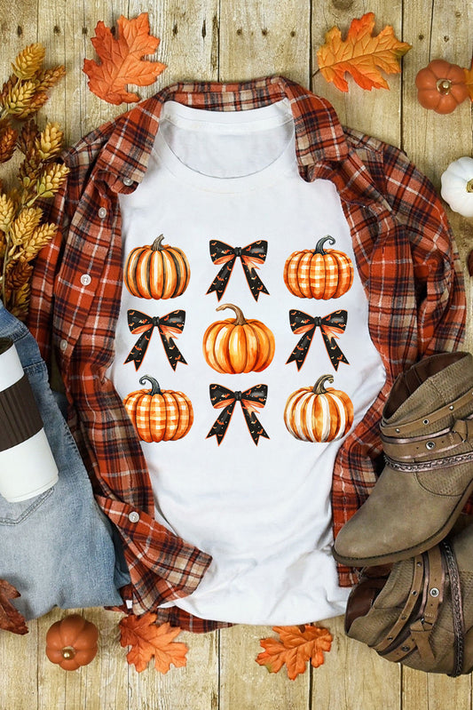 Halloween Pumpkin Bow Knot Graphic Crew Neck Tee