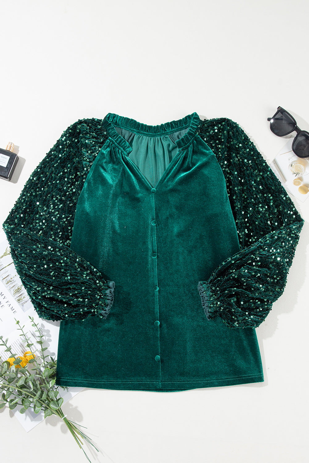 Dahlia Velvet Sequin Patchwork Sleeve Button Up Blouse