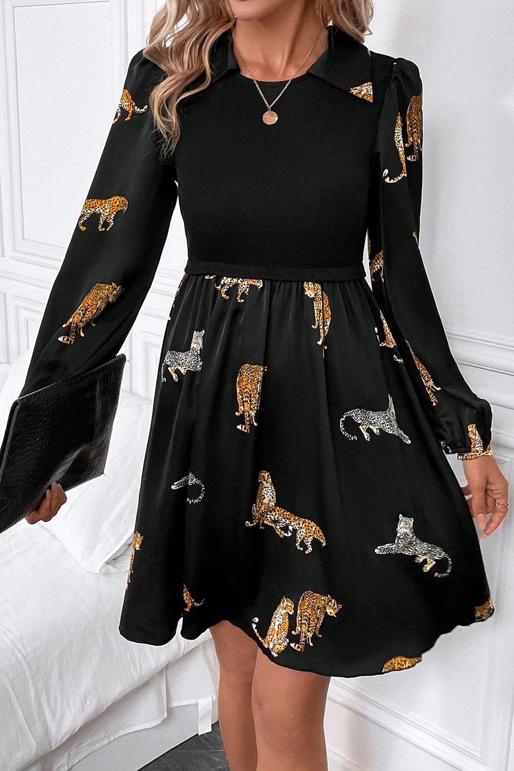 Vivid Leopard Print Long Sleeve Swing Dress