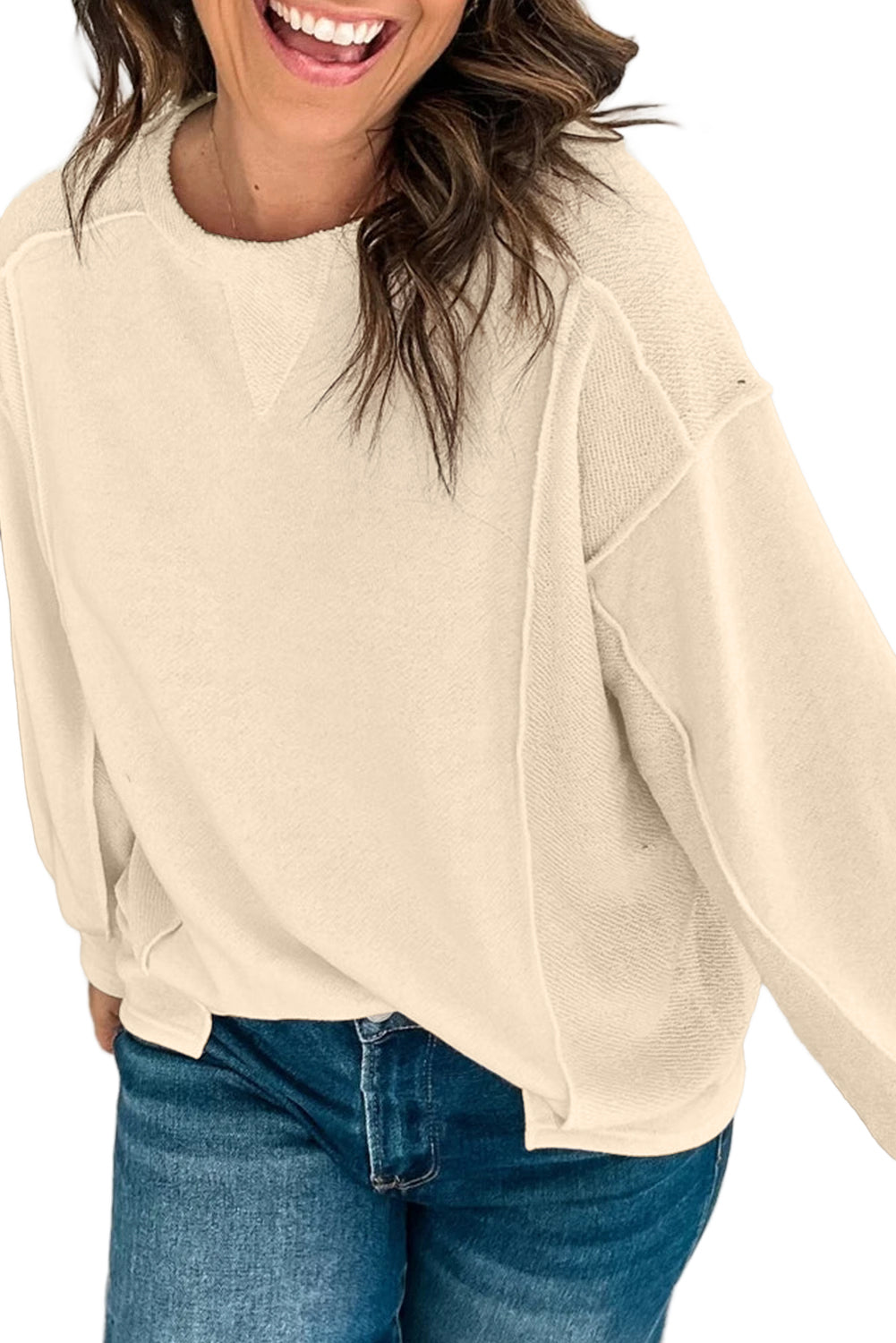 Plain Exposed Seam Round Neck Pullover Sweatshirt