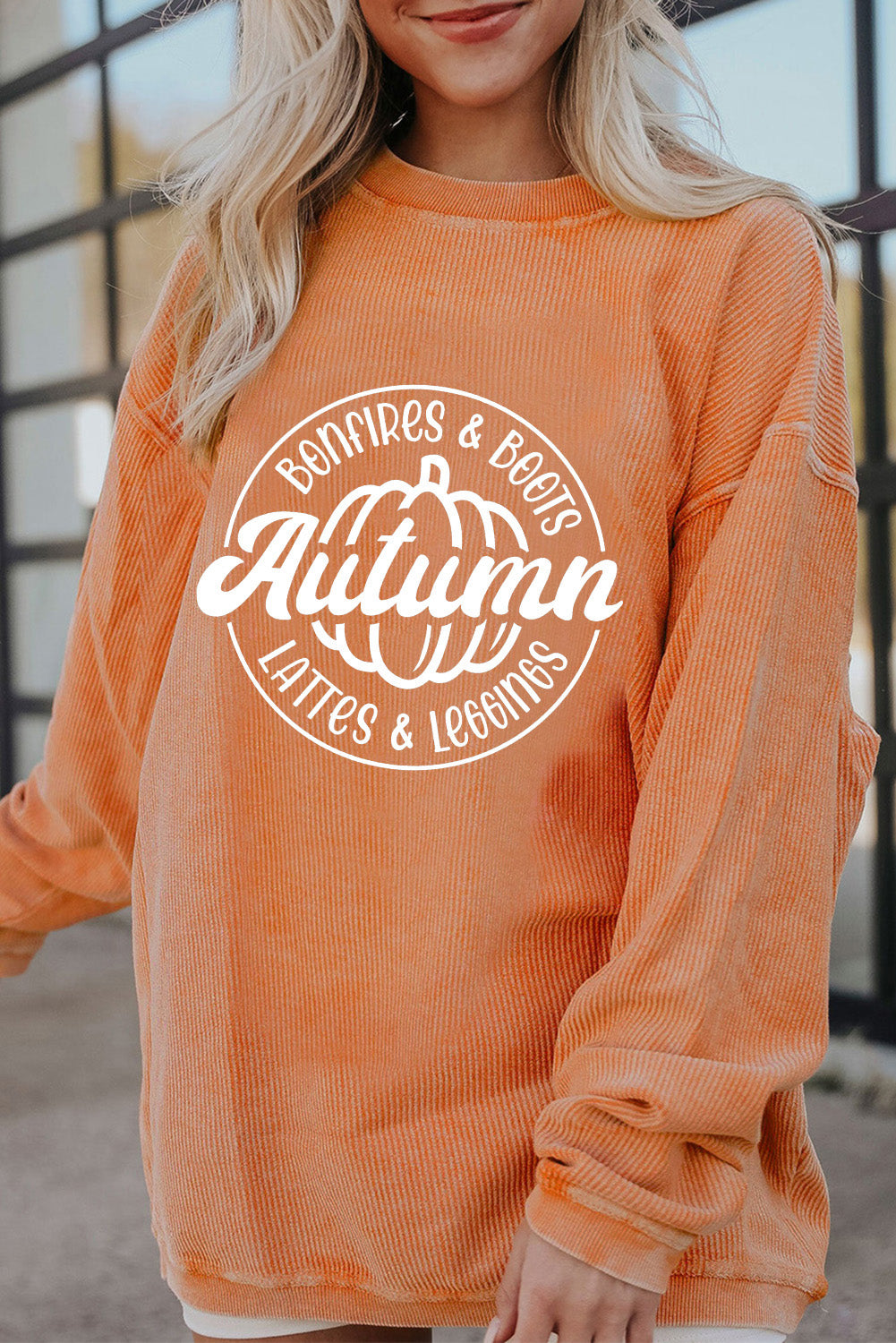 Pumpkin Graphic Print Corded Oversized Sweatshirt