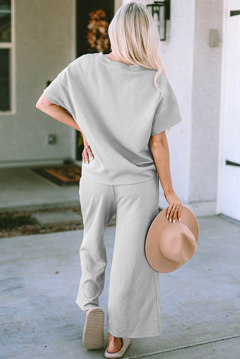 White Textured Long Sleeve Top and Drawstring Shorts Set