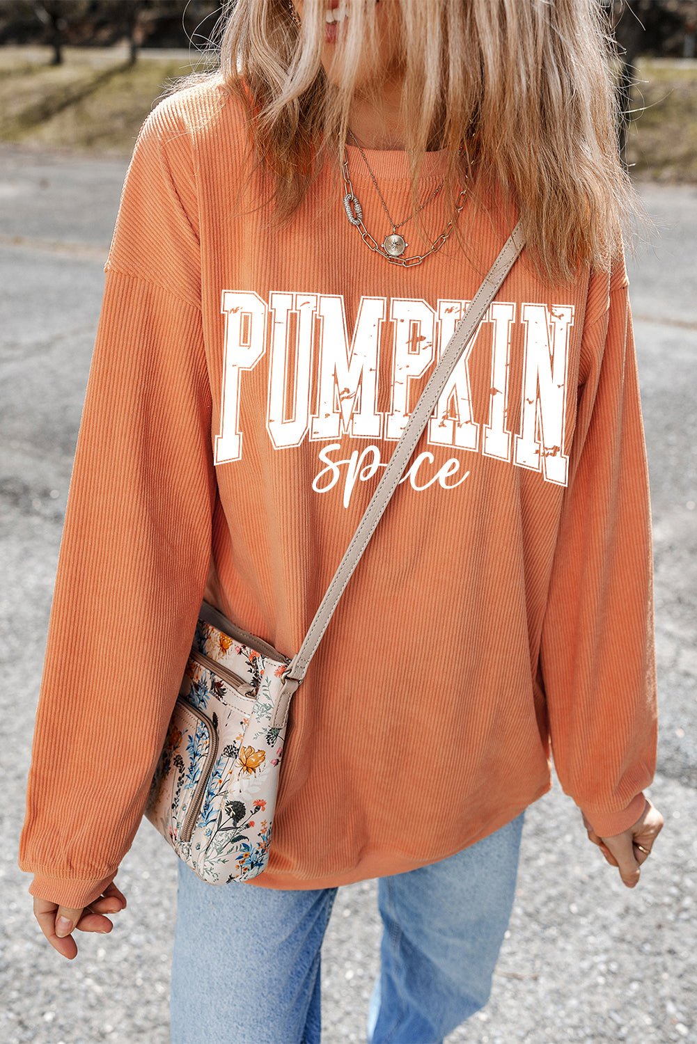 Crinkle Ribbed PUMPKIN Spice Graphic Crewneck Sweatshirt