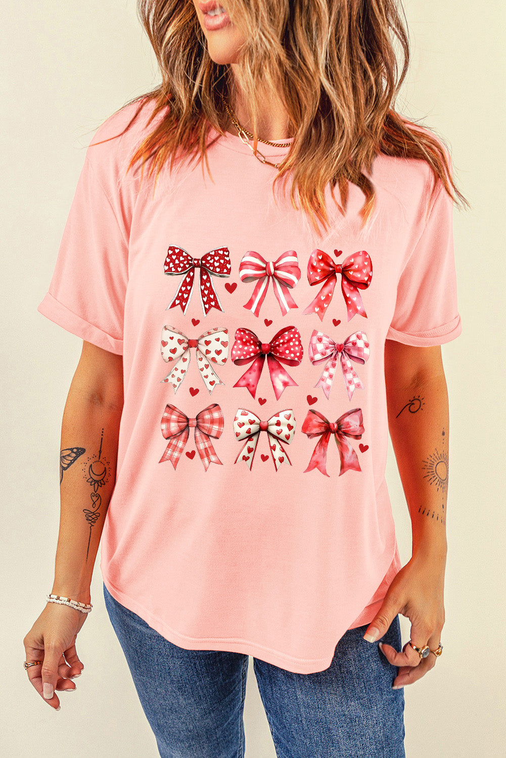 Pink Cute Heart Bow Graphic Round Neck Valentines T Shirt