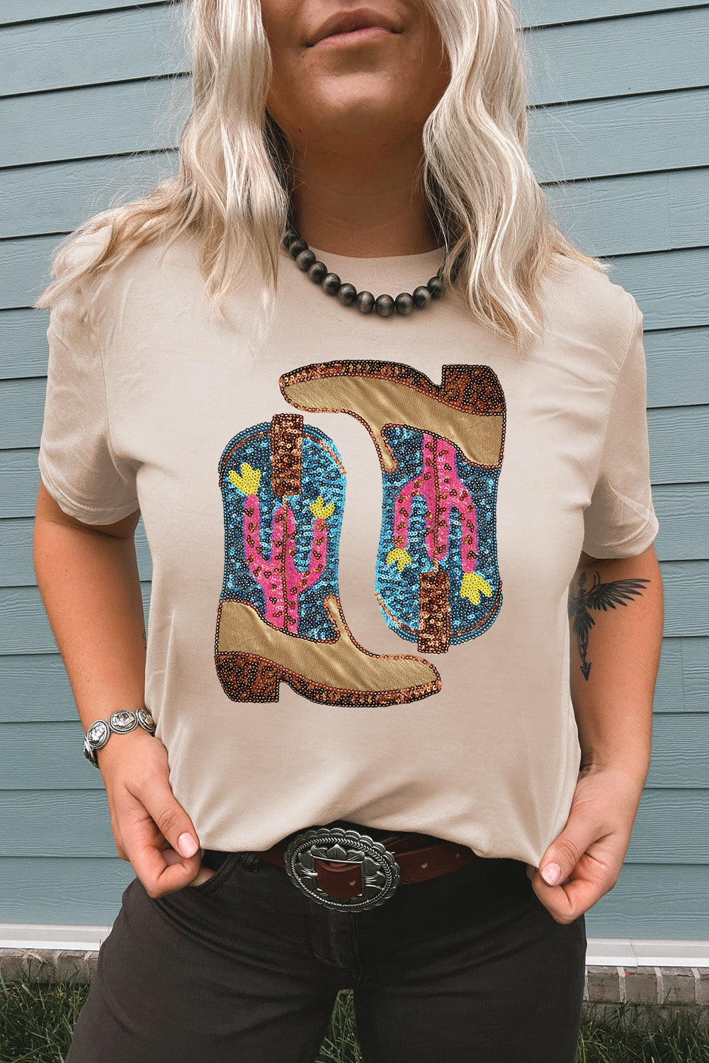 Khaki Sequined Boots Graphic Crew Neck Tee