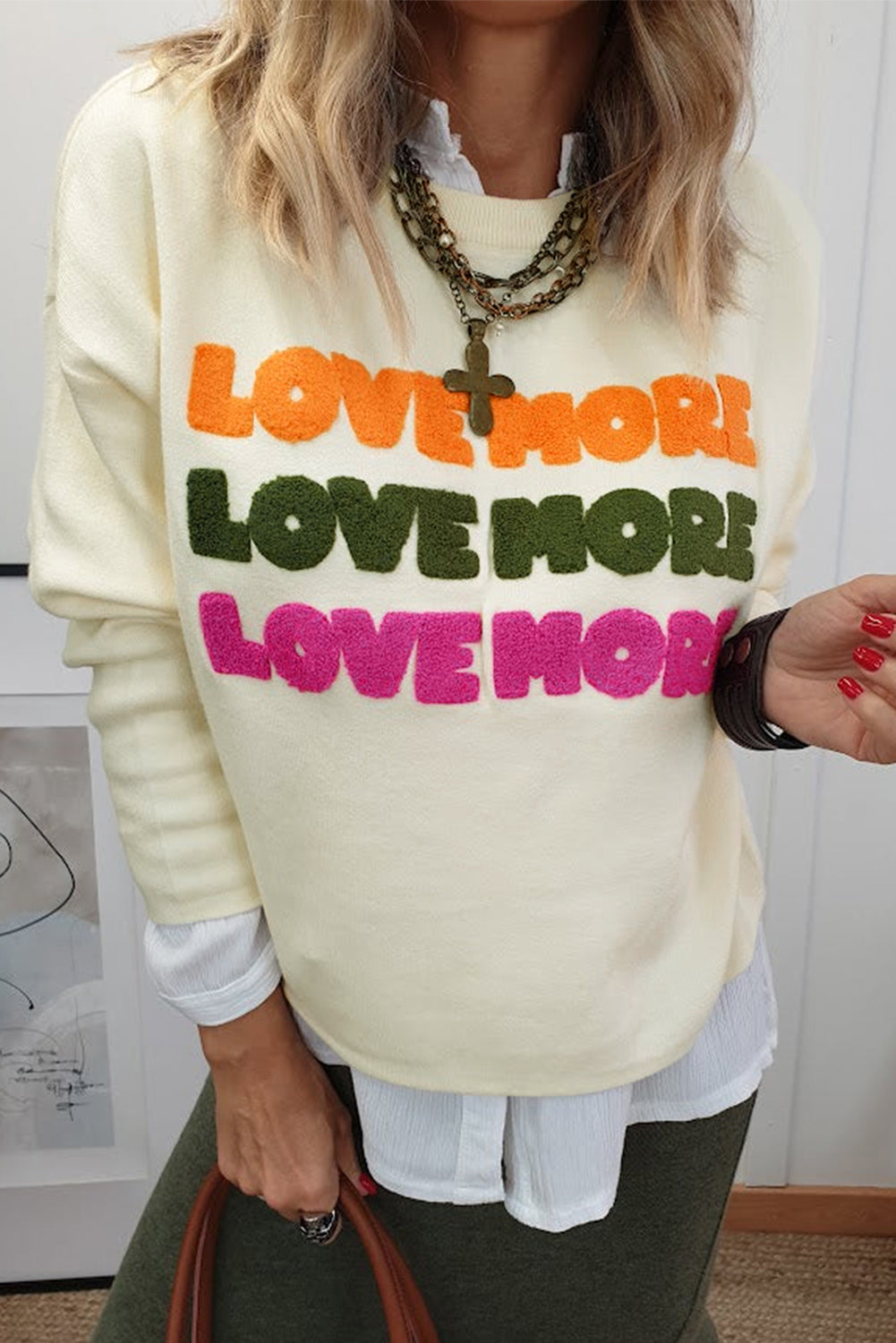 White LOVE MORE Chenille Graphic Long Sleeve Sweatshirt