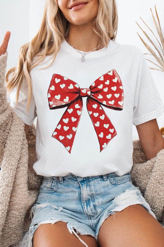 White Heart Bow Printed Crewneck Valentines T Shirt