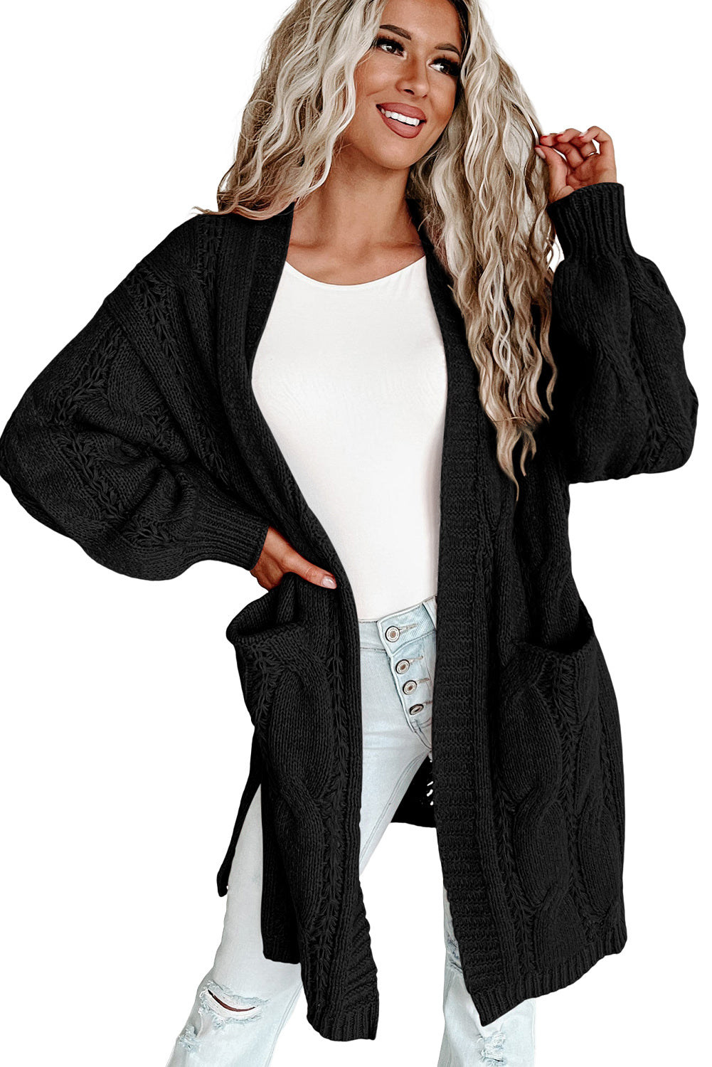 Ribbed Trim Eyelet Cable Knit Cardigan