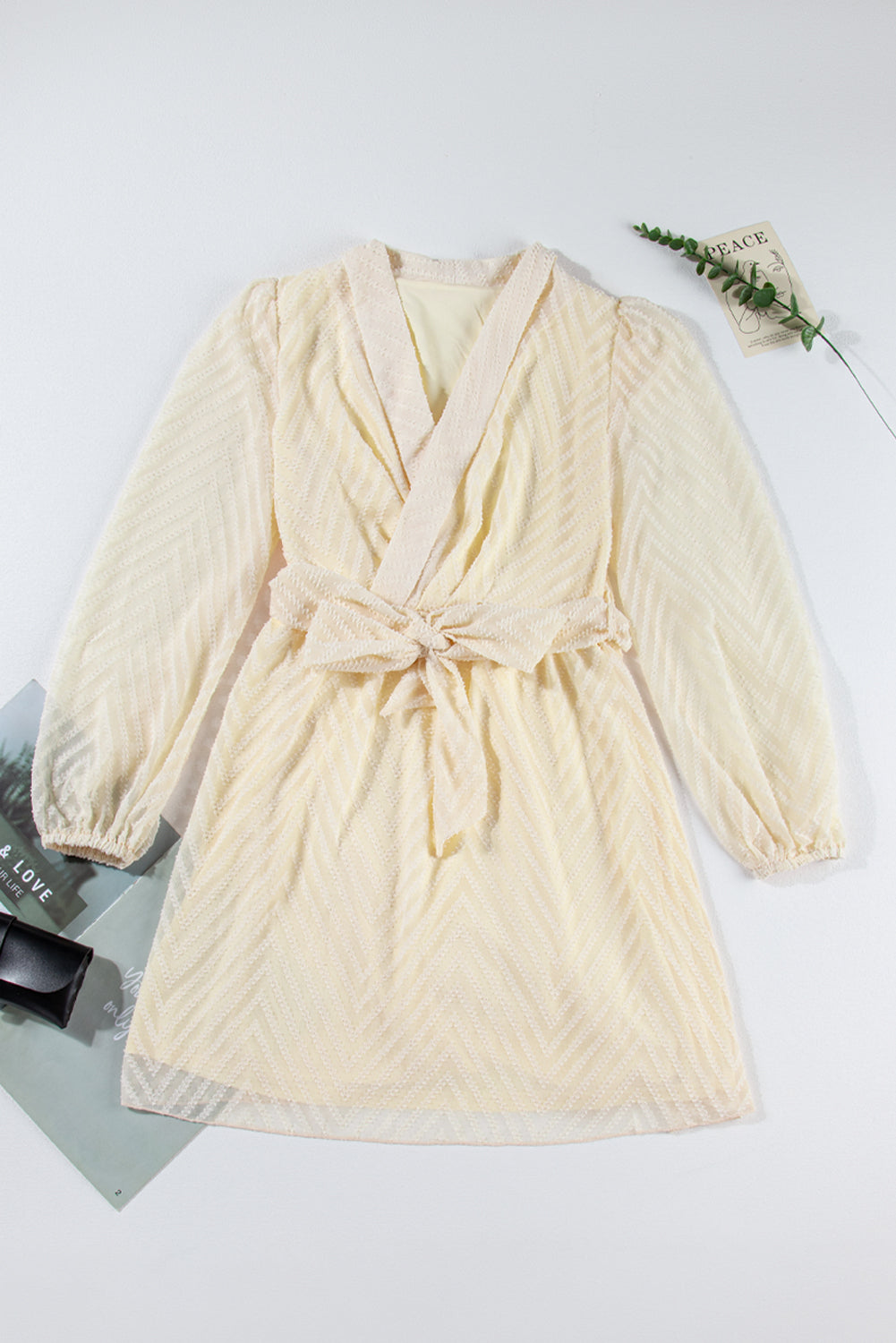 V Striped Sheer Puff Sleeve Surplice Knot Mini Dress