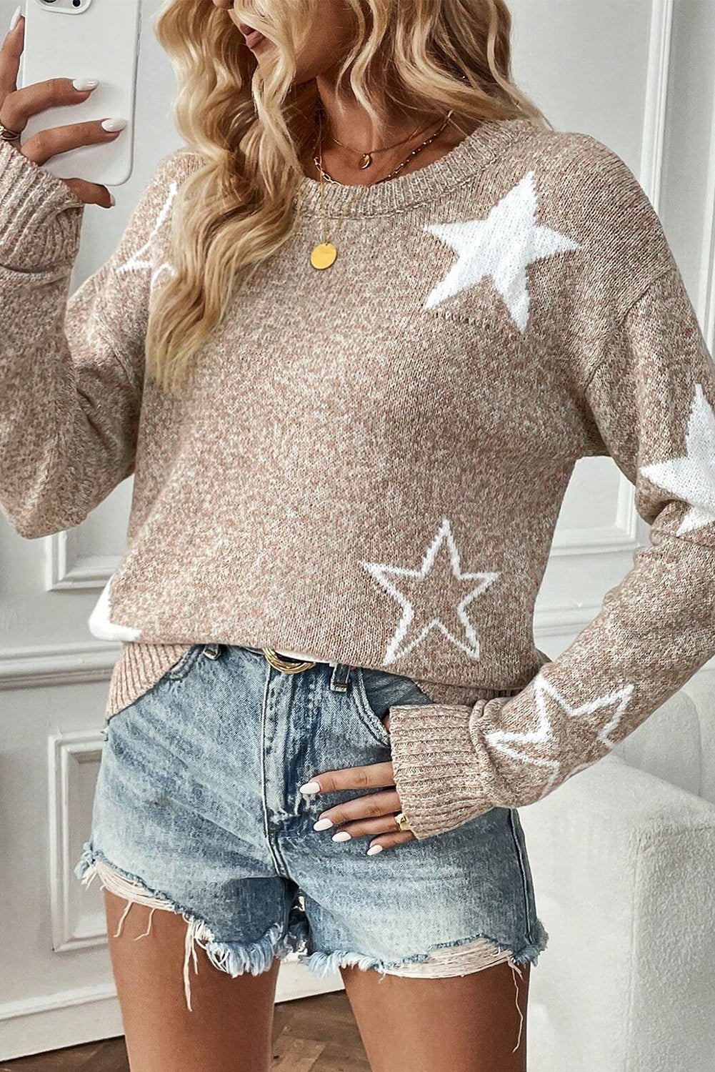 Star Pattern Drop Shoulder Knit Sweater