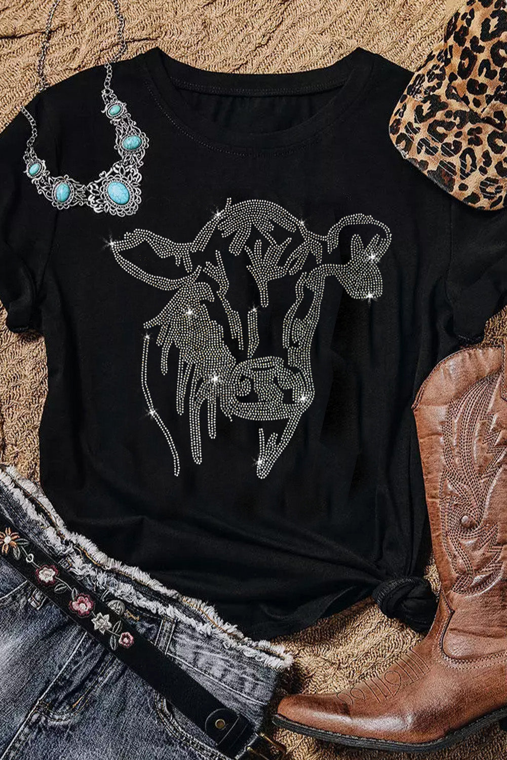 Rhinestone Steer Head Graphic T Shirt