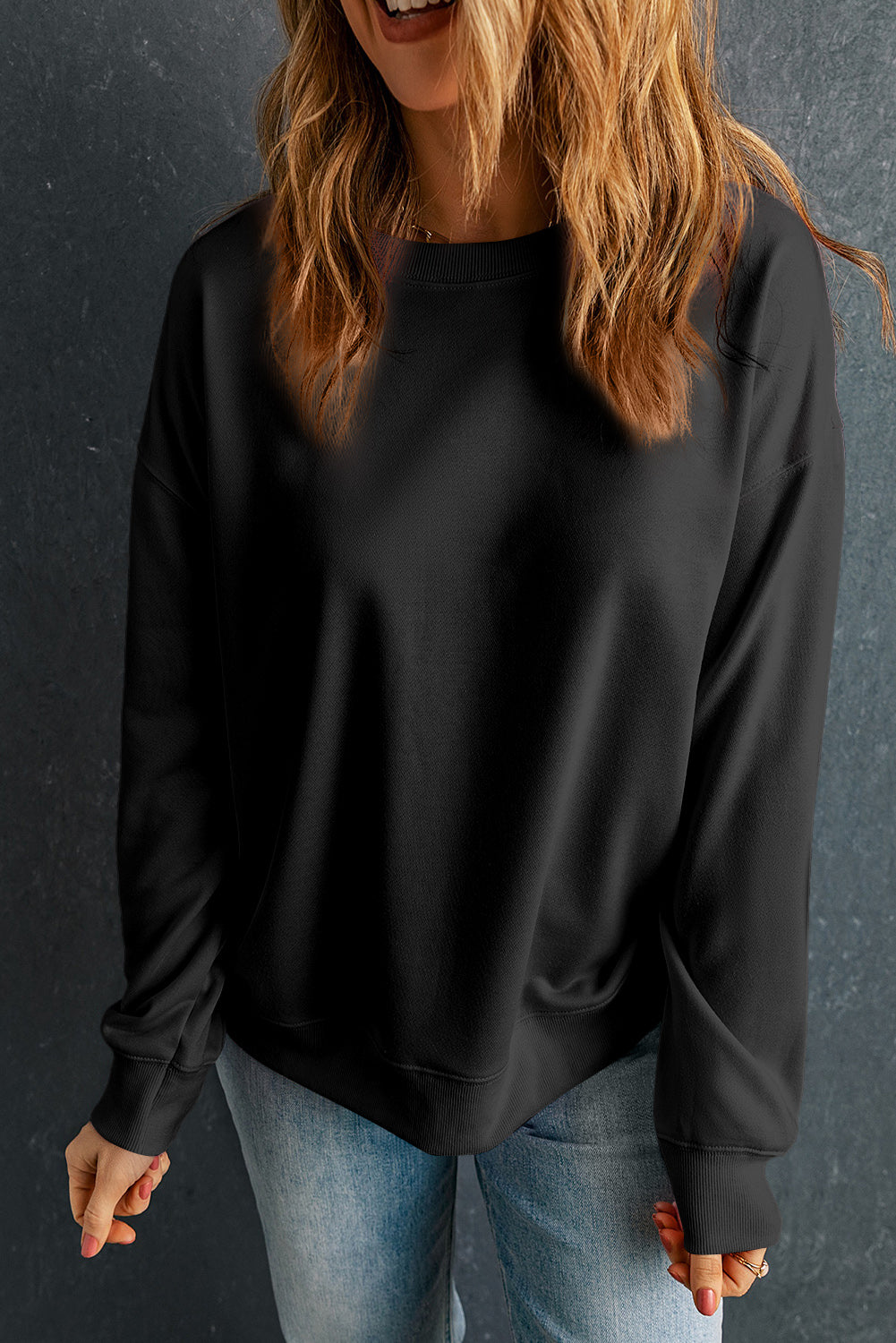 Black Solid Classic Crewneck Pullover Sweatshirt