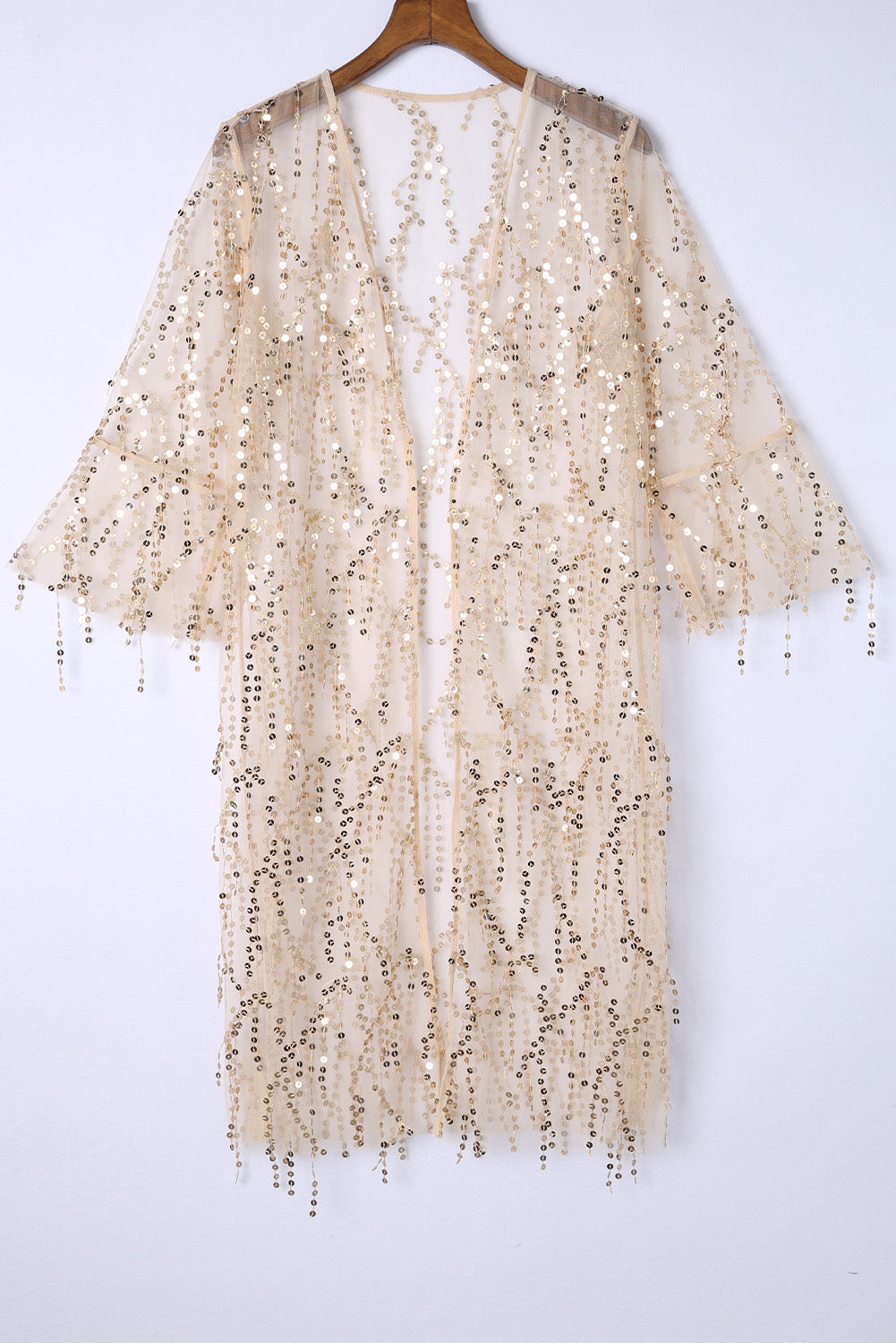 White Sequin Sheer Long Sleeve Open Front Kimono