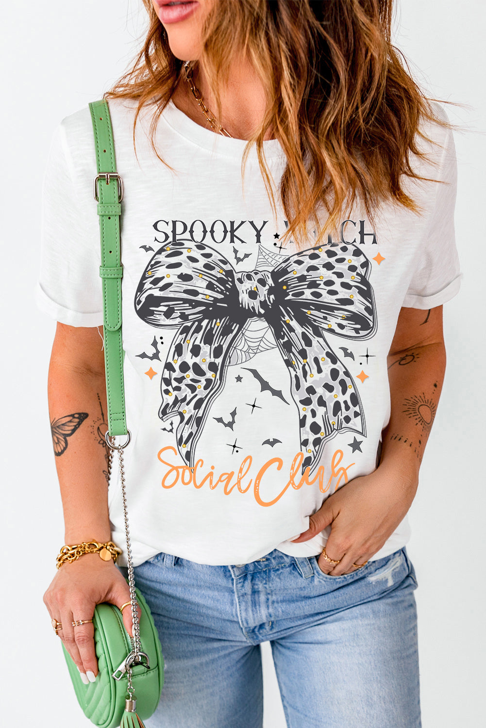 Halloween SPOOKY WITCH Leopard Bowknot Bat GraphicT Shirt