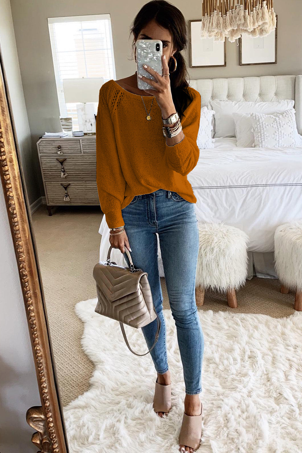Brown Long Sleeve Cutout Shoulder Relaxed Sweater