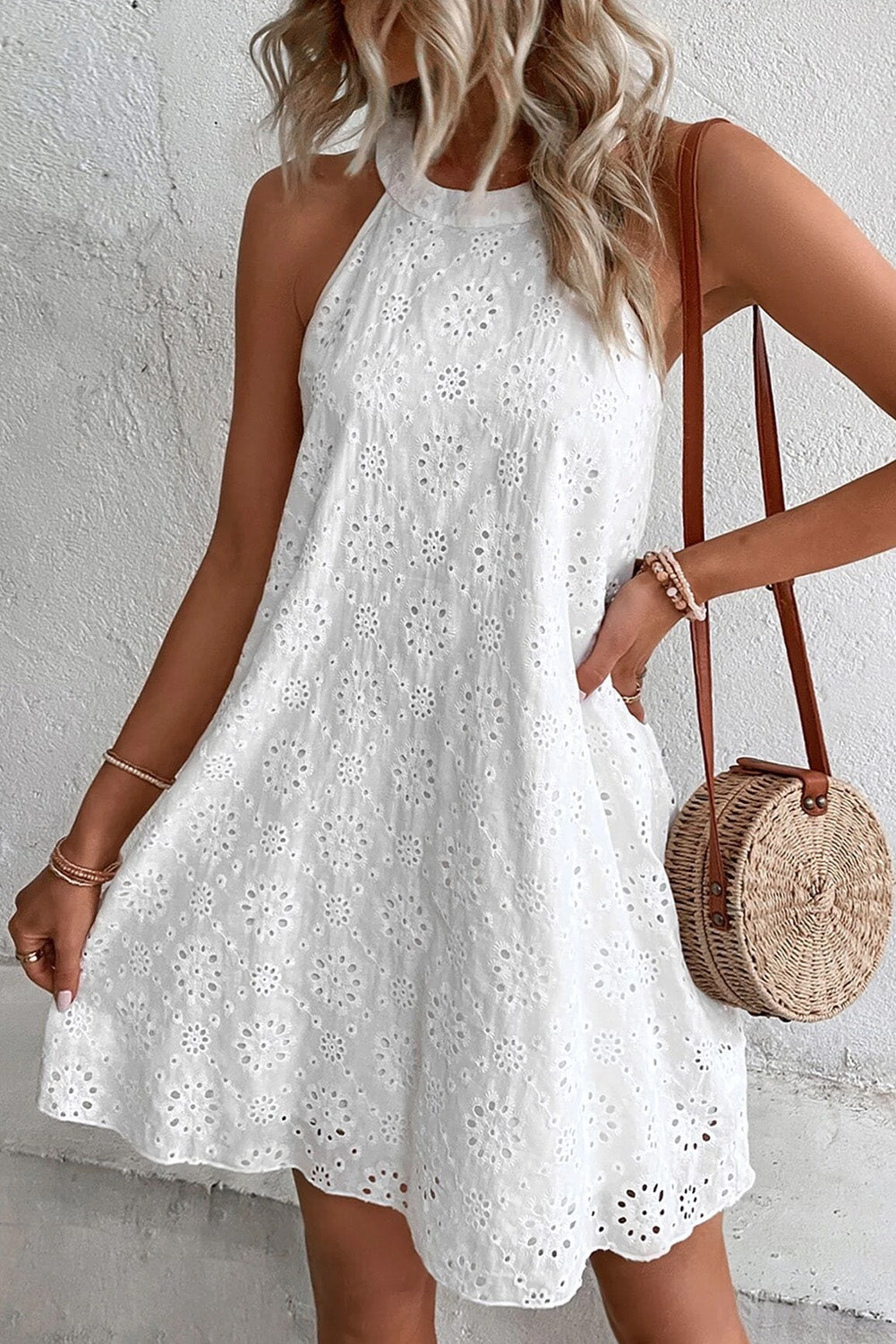 Boho Eyelet Pattern Halter Neck Sleeveless Dress