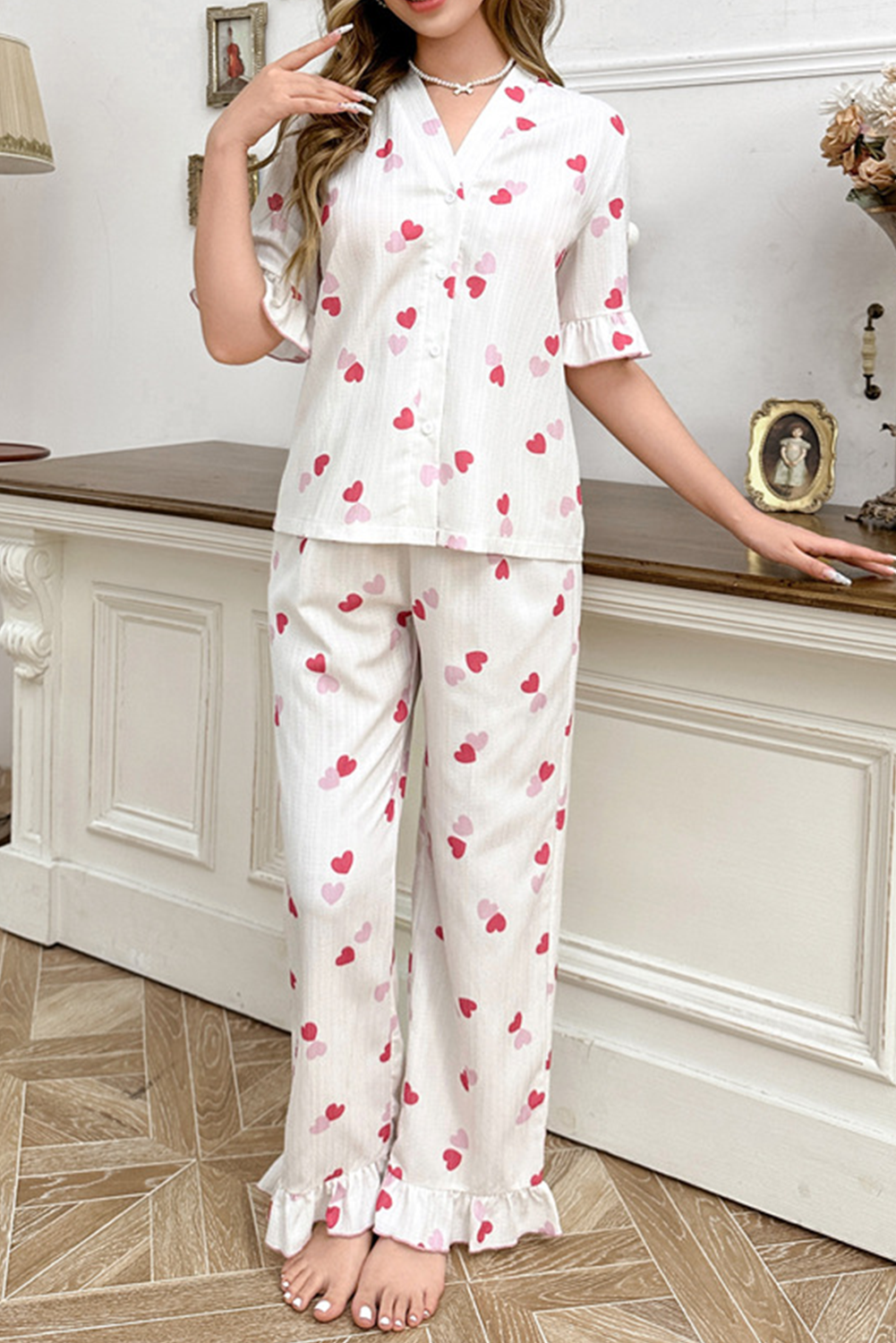 White Heart Print Crinkle Ruffle Hem Pajama Set