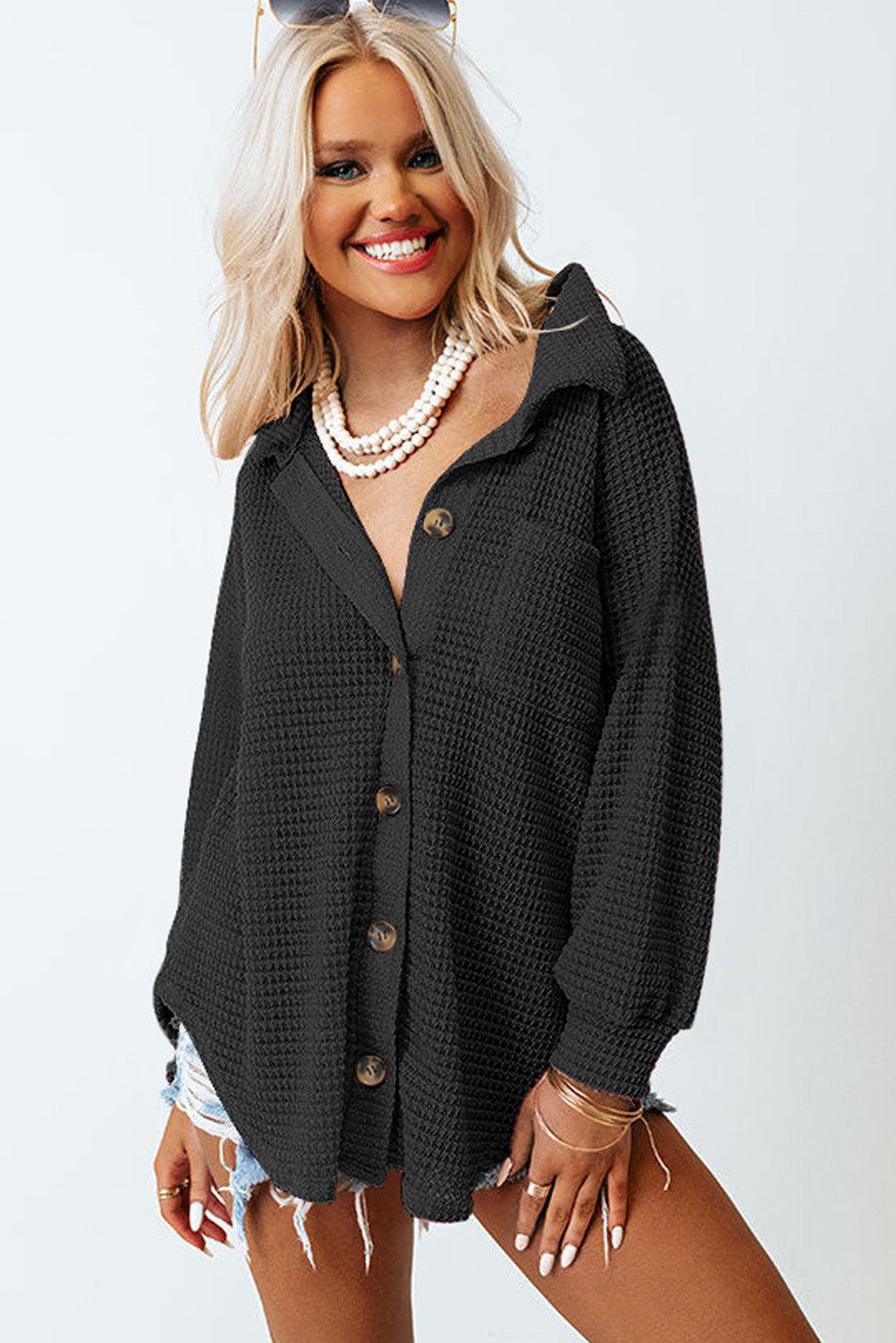 Plus Size Chest Pocket Waffle Knit Shirt