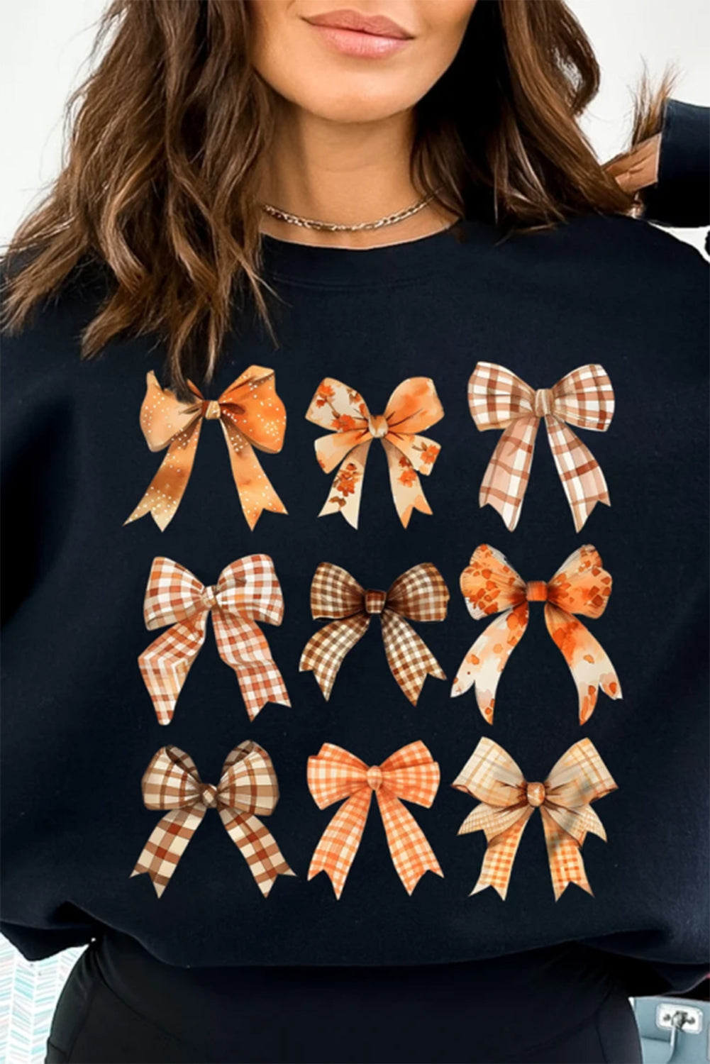 Plaid Bowknot Graphic Round Neck Sweatshirt